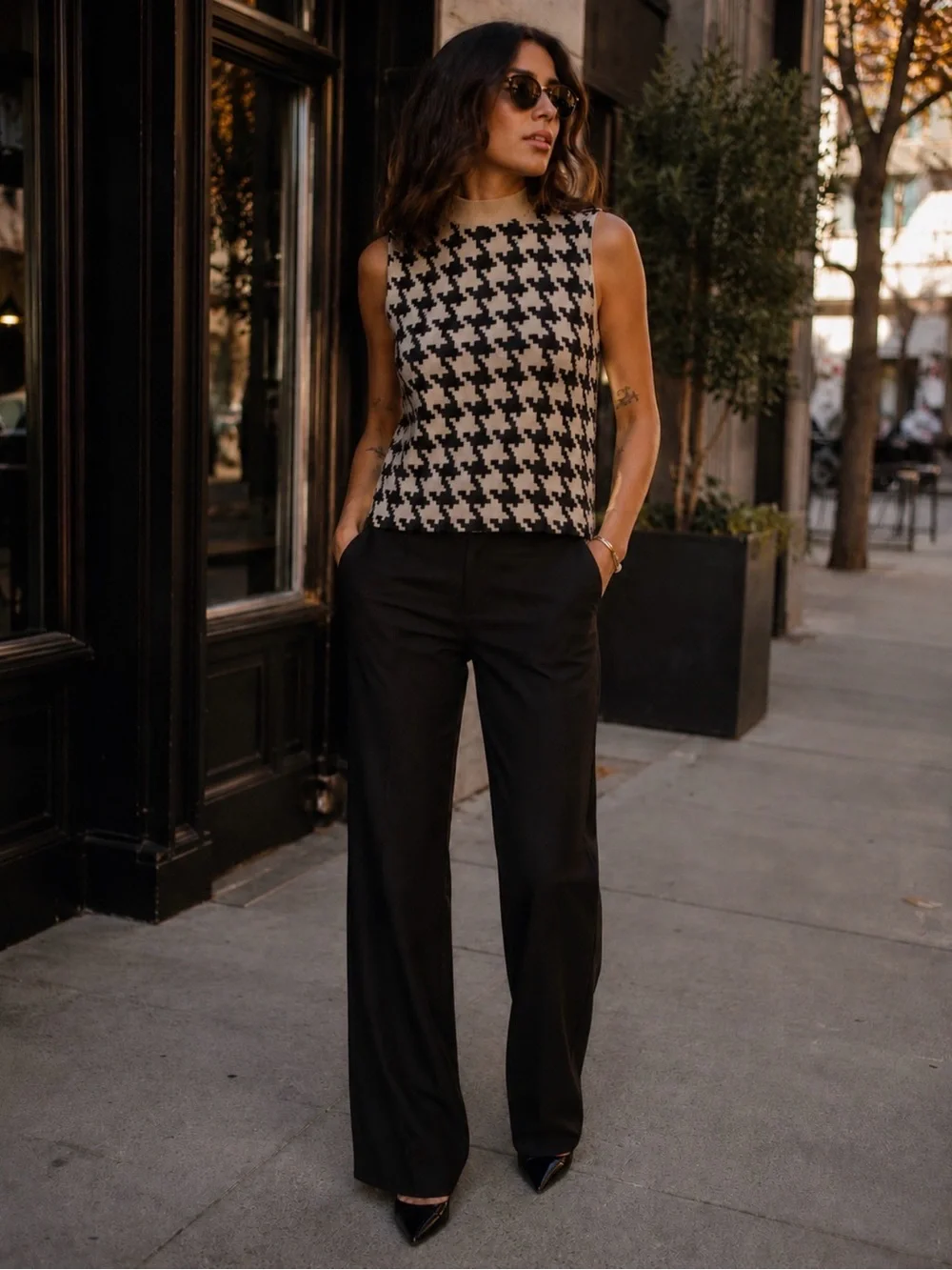 august silk 100% Silk Black and Cream Houndstooth Knit Shell